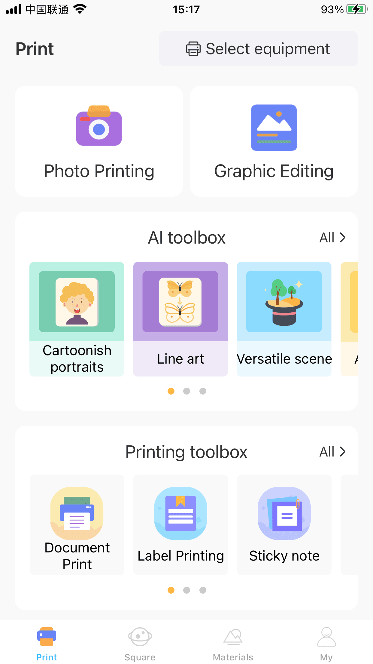 Tiny Print app-startskærm med fotoudskrivning og AI-værktøjskasse