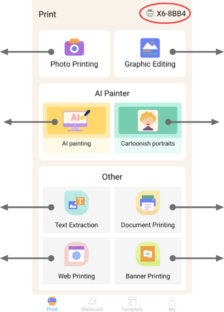 The main printing menu with all printing options